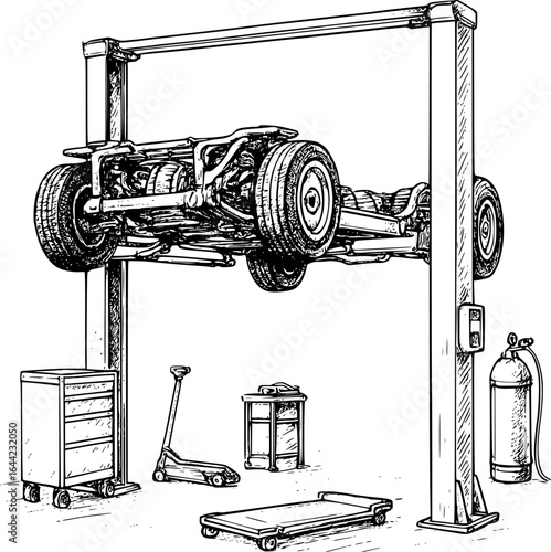 Car lift sketch in repair garage with raised chassis. Hand-drawn mechanical tool vector isolated on white.