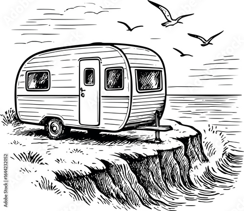 Camper by ocean cliff sketch with seagulls. Hand-drawn coastal travel vector isolated on white.