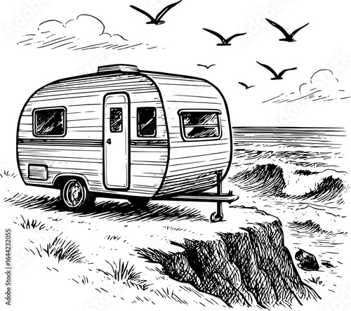 Camper by ocean cliff sketch with seagulls. Hand-drawn coastal travel vector isolated on white.