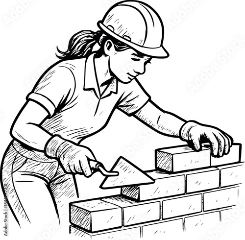 Female bricklayer sketch with trowel. Hand-drawn construction scene vector isolated on white.