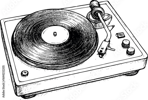 Vintage Vinyl Record Player Sketch. Music Nostalgia Detailed Turntable Illustration For Retro Audio Design