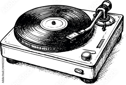 Vintage Vinyl Record Player Sketch. Music Nostalgia Detailed Turntable Illustration For Retro Audio Design