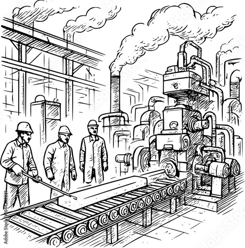 Sketch of steel plant with workers and conveyor systems, detailed industrial drawing, isolated on white.