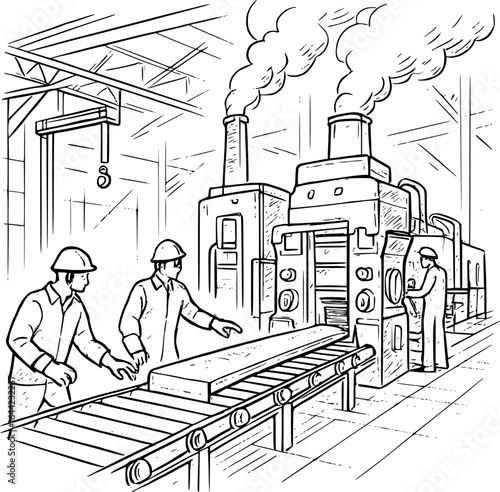 Sketch of steel plant with workers and conveyor systems, detailed industrial drawing, isolated on white.
