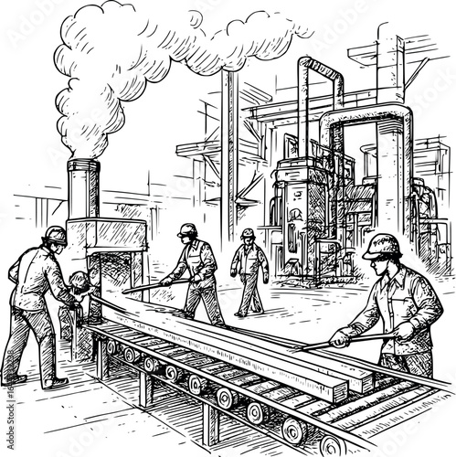 Sketch of steel plant with workers and conveyor systems, detailed industrial drawing, isolated on white.