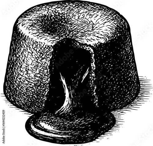 Vintage cookbook style chocolate lava cake sketch with melting center. Warm dessert illustration with detailed crosshatching technique, vector design isolated on white background.