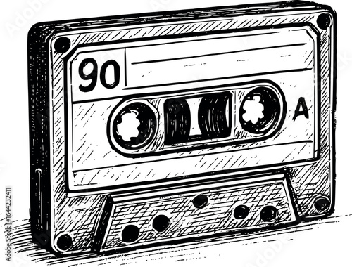 Vintage Cassette Tape Hand-Drawn Sketch. 90s Nostalgia Retro Technology Illustration Isolated on White