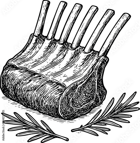 Vintage butcher shop style rack of lamb sketch with rosemary. Detailed professional cooking illustration with subtle shading, vector design isolated on white background.