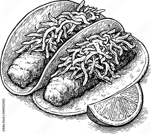 Vintage cookbook style fish tacos sketch with slaw and lime. Mexican fusion cuisine illustration with detailed line work, vector design isolated on white background.
