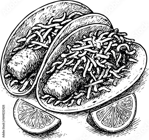 Vintage cookbook style fish tacos sketch with slaw and lime. Mexican fusion cuisine illustration with detailed line work, vector design isolated on white background.