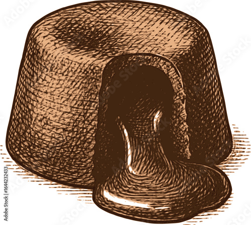 Vintage cookbook style chocolate lava cake sketch with melting center. Warm dessert illustration with detailed crosshatching technique, vector design isolated on white background.