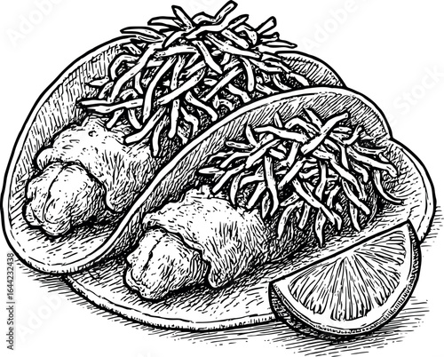 Vintage cookbook style fish tacos sketch with slaw and lime. Mexican fusion cuisine illustration with detailed line work, vector design isolated on white background.