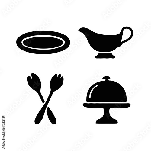 Elegant dining and serving icon set. This collection of black silhouettes features a serving platter, a gravy boat, crossed utensils, and a cloche on a stand.
