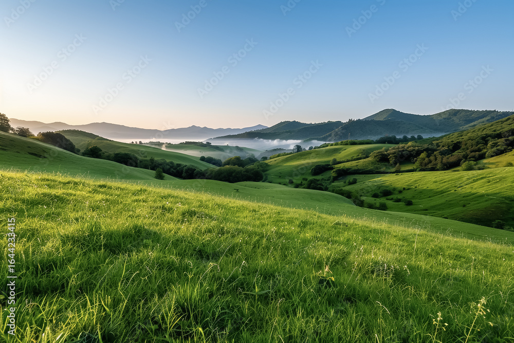 Obraz premium A scenic view of rolling green hills with fog in the valleys under a clear blue sky at sunrise or sunset