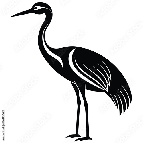 Stylized black silhouette of a standing crane with detailed feathers bird long neck