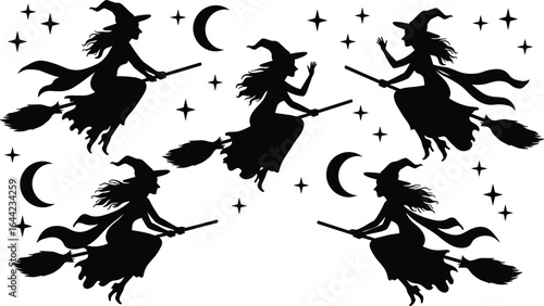 Flying Witch Silhouettes on Broomsticks with Crescent Moons and Stars for Halloween Magic Vector Design