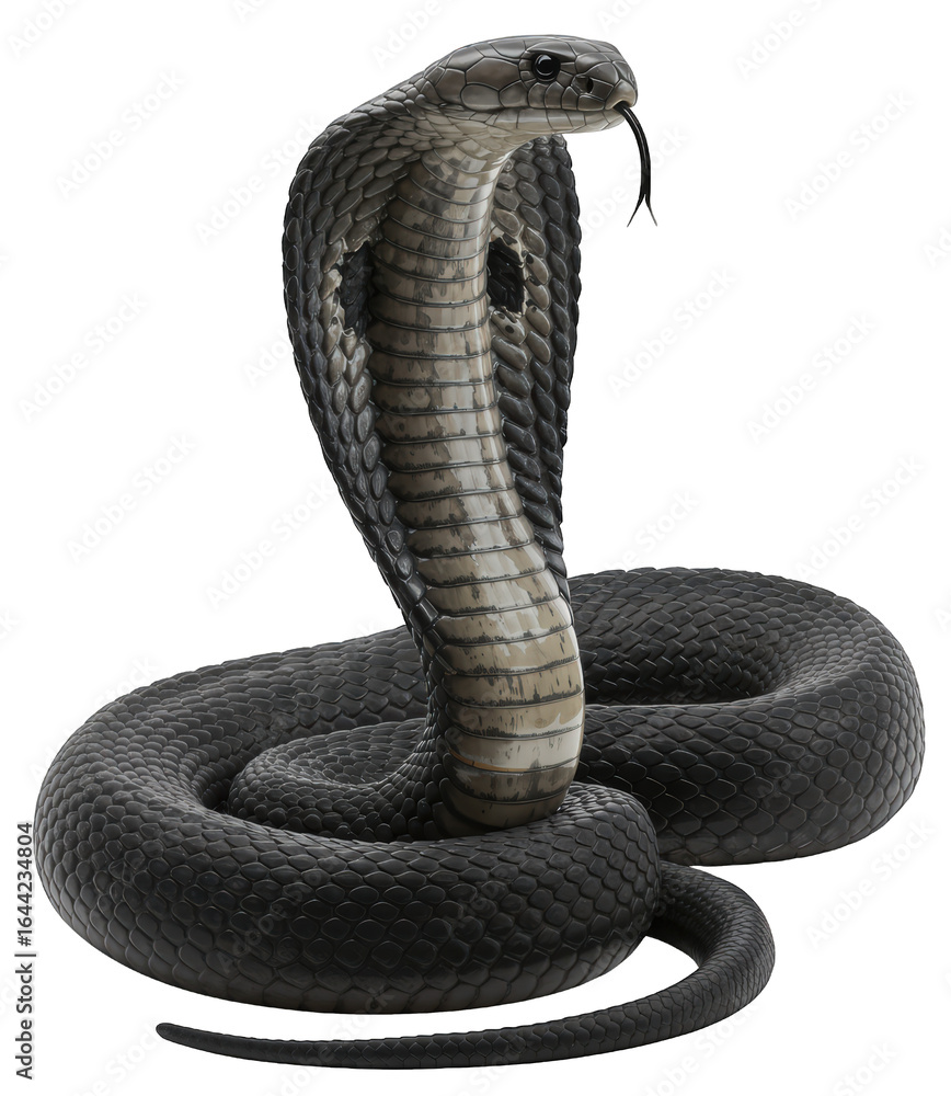 Fototapeta premium Black cobra, Naja naja, in a defensive pose with spread hood, on a transparent background, PNG