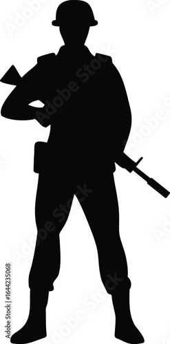 Soldier Silhouette Vector – Armed Military Man with Rifle, Standing Pose, Isolated on Transparent Background for Design and Graphics.