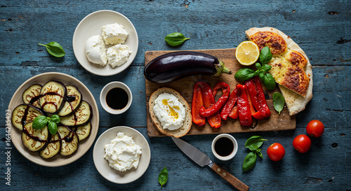 Selective focus of cupcakes on round board, decorative bunny and easter cakes on grey background