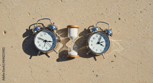 top view of classic alarm clocks and hourglass on beige background