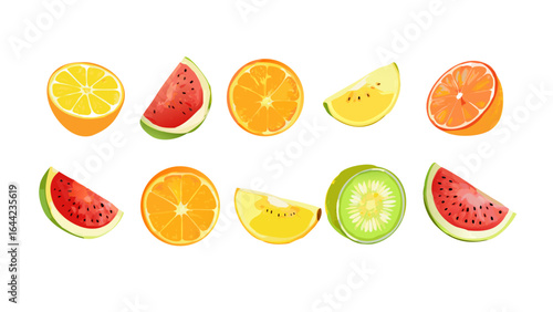 A collection of fruit slices including orange watermelon and kiwi arranged on a white background neatly spaced
