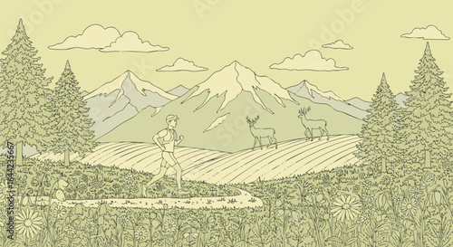 Man jogging through scenic landscape with mountains, deer, and trees