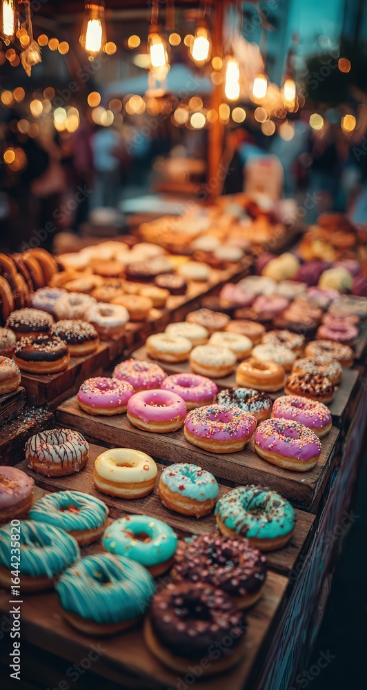 Fototapeta premium A Sweet Display of Temptation: Rows of colorful donuts tantalize with their vibrant glazes and tempting textures, inviting a sweet indulgence at a bustling outdoor market.