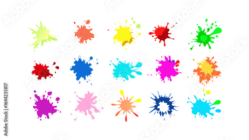 Illustration of various colorful paint splatters and blots arranged on a white background art design