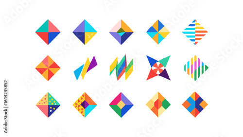 Collection of fifteen colorful geometric diamond shapes on a white background arranged in a grid pattern
