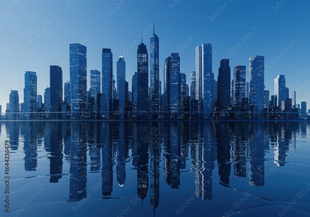 Fototapeta premium Modern city skyline reflected in calm water under a clear blue sky