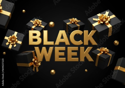 Black Week promotion with golden text and black gift boxes on a dark background.