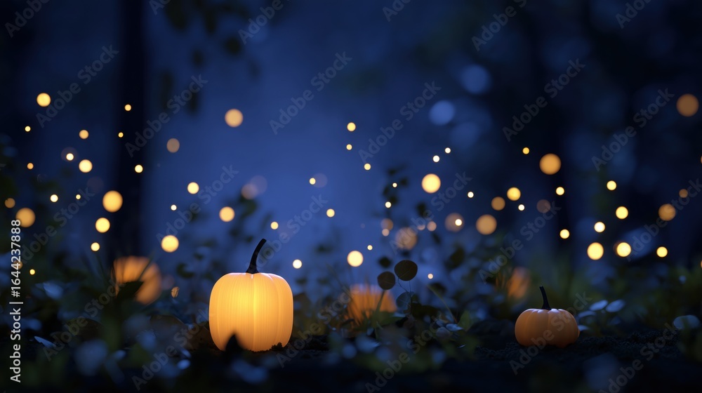 Fototapeta premium Illuminated pumpkin lanterns cast a soft glow, their gentle light dancing amongst glimmering fireflies against the backdrop of a tranquil night in a forest setting.