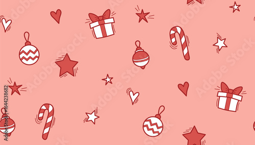 Seamless Christmas pattern in red and white with gifts, candy canes, stars, ornaments, and hearts on a light background. Perfect for holiday wrapping paper, textiles, and festive designs.