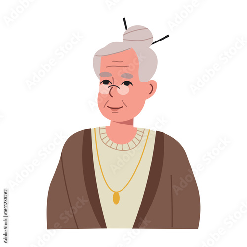 A lovely elderly woman with gray hair tied in a bun with Chinese hairpins. She is wearing a warm cardigan and reading glasses. Senior Grandma portrait, avatar. Flat vector illustration isolated on whi