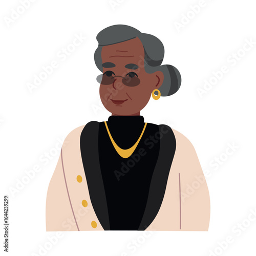A well-dressed, gold-jeweled, mature, elderly African-American woman with a bun and gray hair. Senior old aged black woman  wearing black glasses. Flat vector illustration isolated on white background