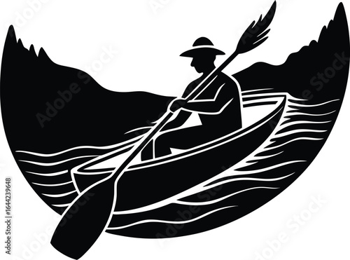 Canoeist Navigating River Bend Silhouette | Canoe Adventure Vector