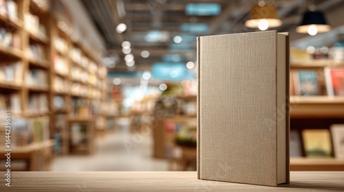 Book on wooden table in cozy bookstore with shelves full of colorful books