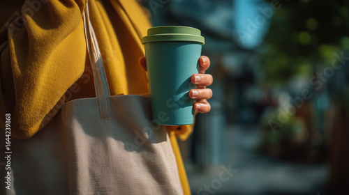 Young adult using reusable coffee cup and eco-friendly shopping bag at an urban farmers market in vibrant natural light