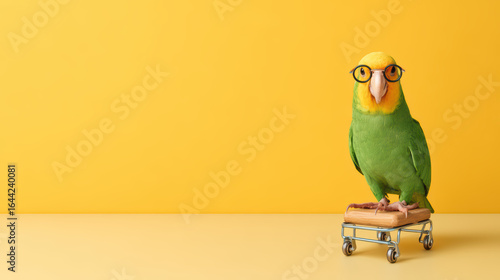 A colorful parrot wearing glasses stands atop a small cart against a bright yellow background.