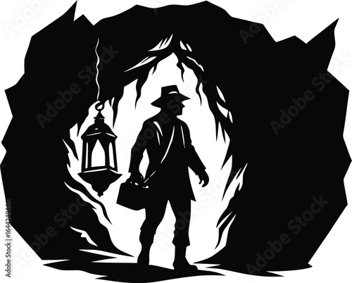 Explorer with Lantern in Cave Silhouette | Cave Exploration Vector