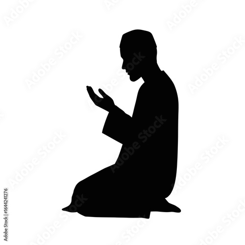 Silhouette of a Muslim Man Praying on His Knees with Hands Raised in Supplication Isolated on White Background