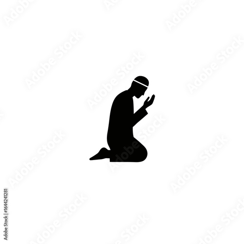 Silhouette of Muslim Man Praying on Knees with Hands Raised in Supplication Isolated on White Background Religious Icon Vector Illustration