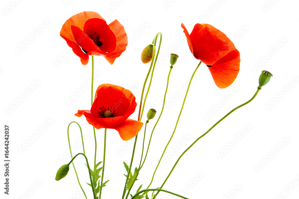Obraz premium close up of red poppies poppy flowers with buds isolated on white background, png, ai generated.