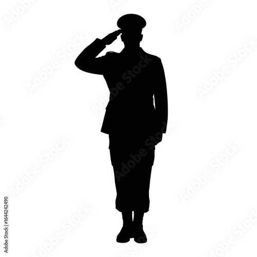 Silhouette of a soldier in uniform saluting against a white background honoring veterans and representing military service and patriotism