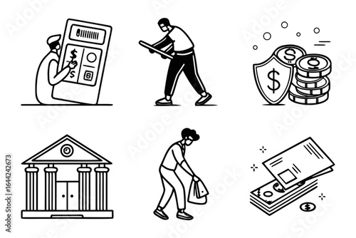 Vector art of finance and banking icons isolated on white background in doodle style