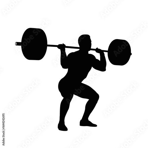 Silhouette of a weightlifter lifting barbell clean flat vector white background"
