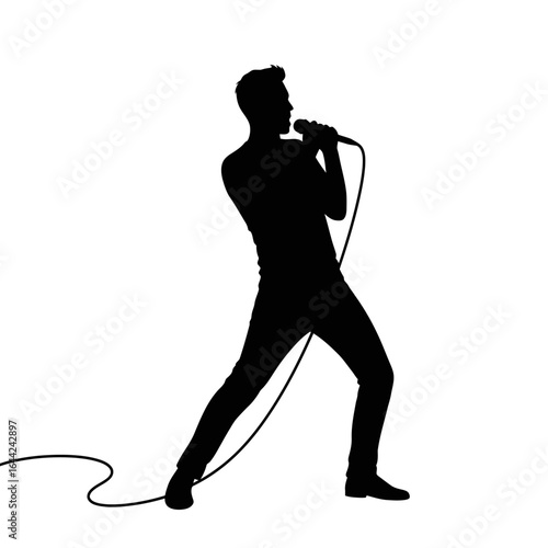 Silhouette of a singer with microphone clean flat vector white background"