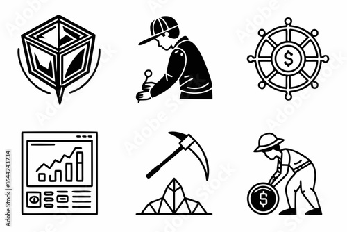 Vector art of crypto mining and finance icons isolated on white background