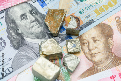 Papier peint Critical minerals and rare earths, China - US trade truce, strategic mineral leverage : Metallic ores (representing critical minerals like gallium, germanium) resting atop U