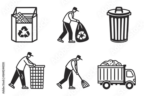 Vector art of garbage collection and recycling icons isolated on white background